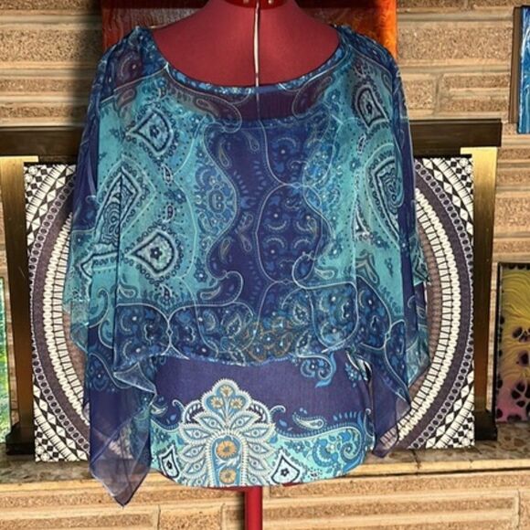 Gorgeous energe world wear 2pc Blue Bohemian tank sheer overlay blouse Med NWT - Picture 1 of 13